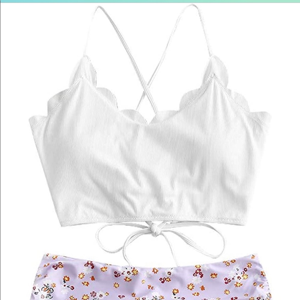 White Scalloped Bikini Top with Floral Lilac High Waisted Bottoms